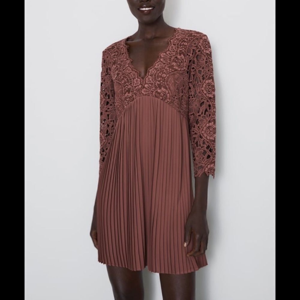 Zara Size Small Terracotta Lace Pleated Guipure Mini Dress Blogger Favorite